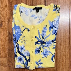 Talbots Yellow Cardigan with Blue Floral Design